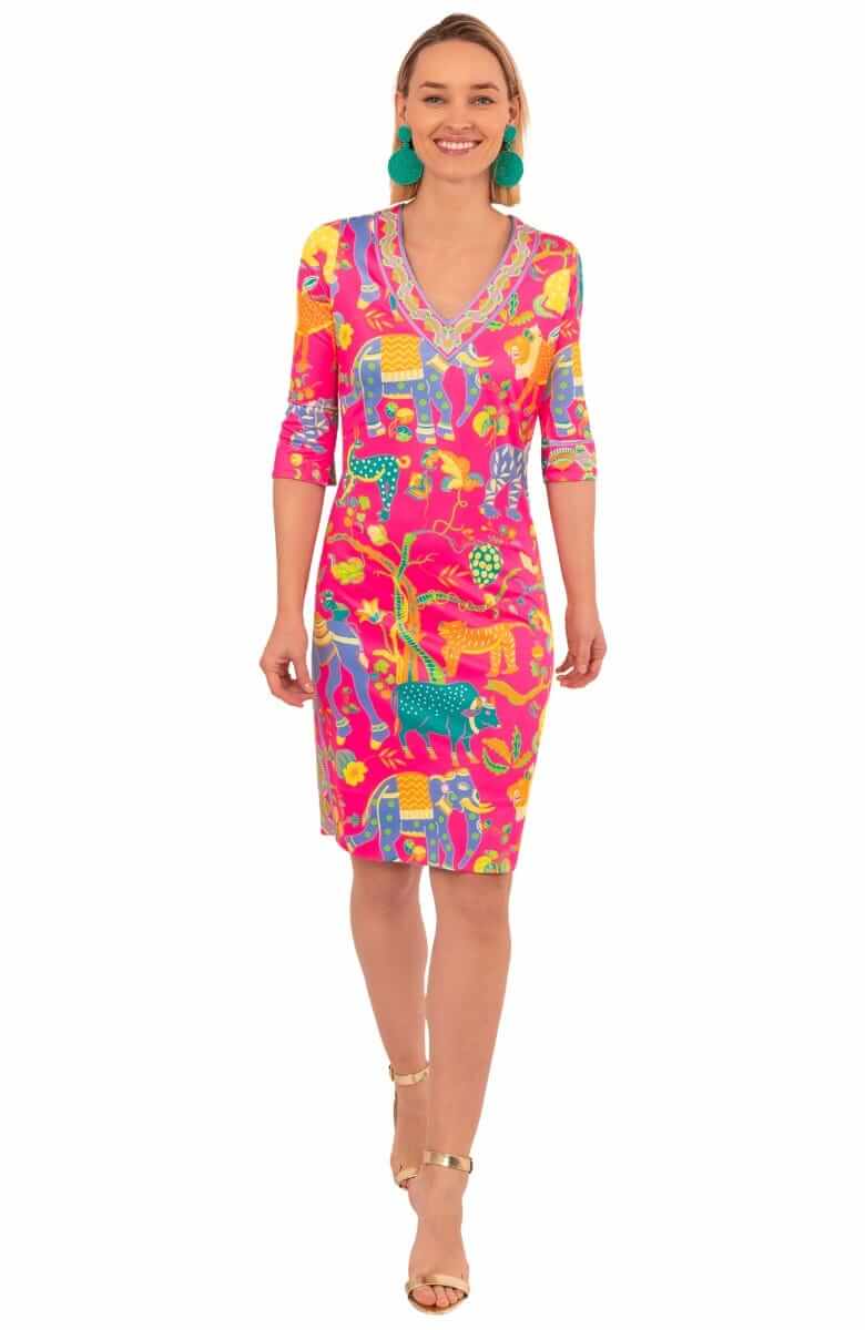 Banded V Jersey Dress Animal Kingdom - Final Sale Fuchsia