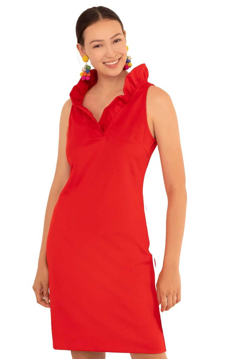 Jersey Ruffneck Sleeveless Dress - Solid Crimson