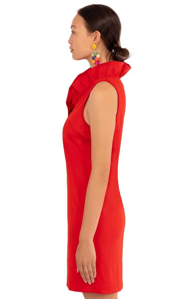 Jersey Ruffneck Sleeveless Dress - Solid Crimson