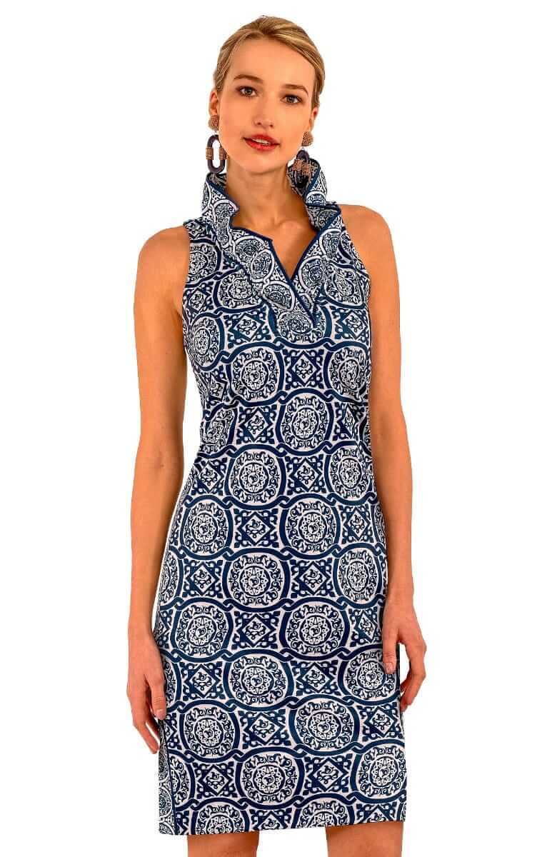 Ruffneck Sleeveless Dress - Sultan&#39;s Dining Room Navy White