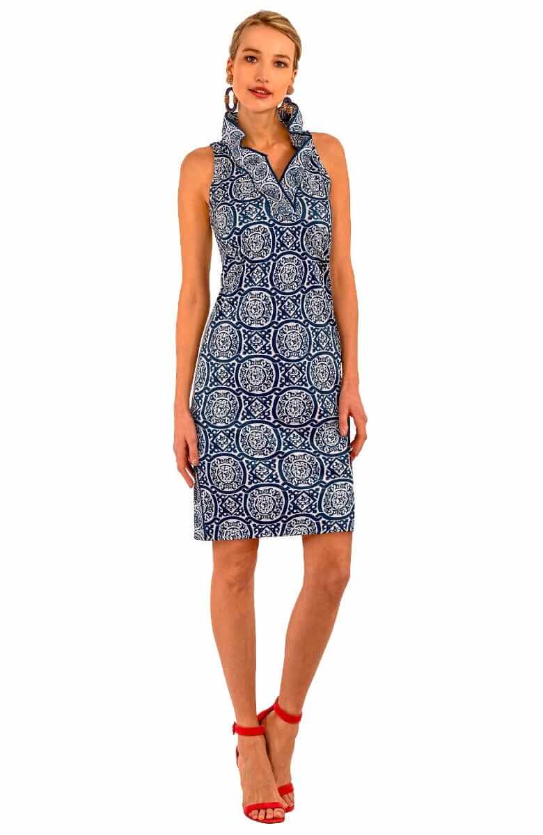 Ruffneck Sleeveless Dress - Sultan&#39;s Dining Room Navy White