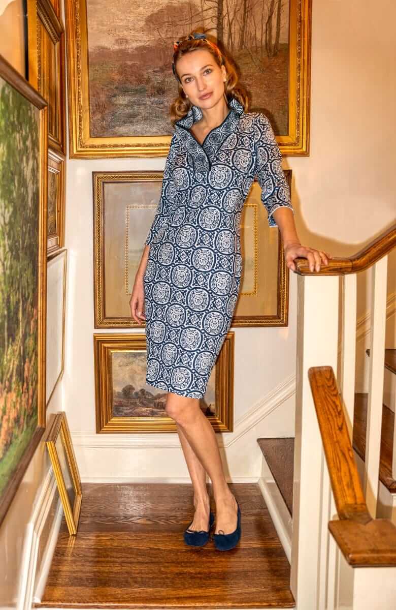 Ruffneck Dress - Sultan&#39;s Dining Room Navy White