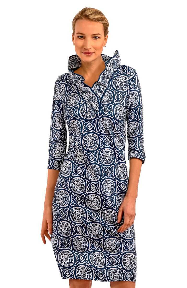 Ruffneck Dress - Sultan&#39;s Dining Room Navy White