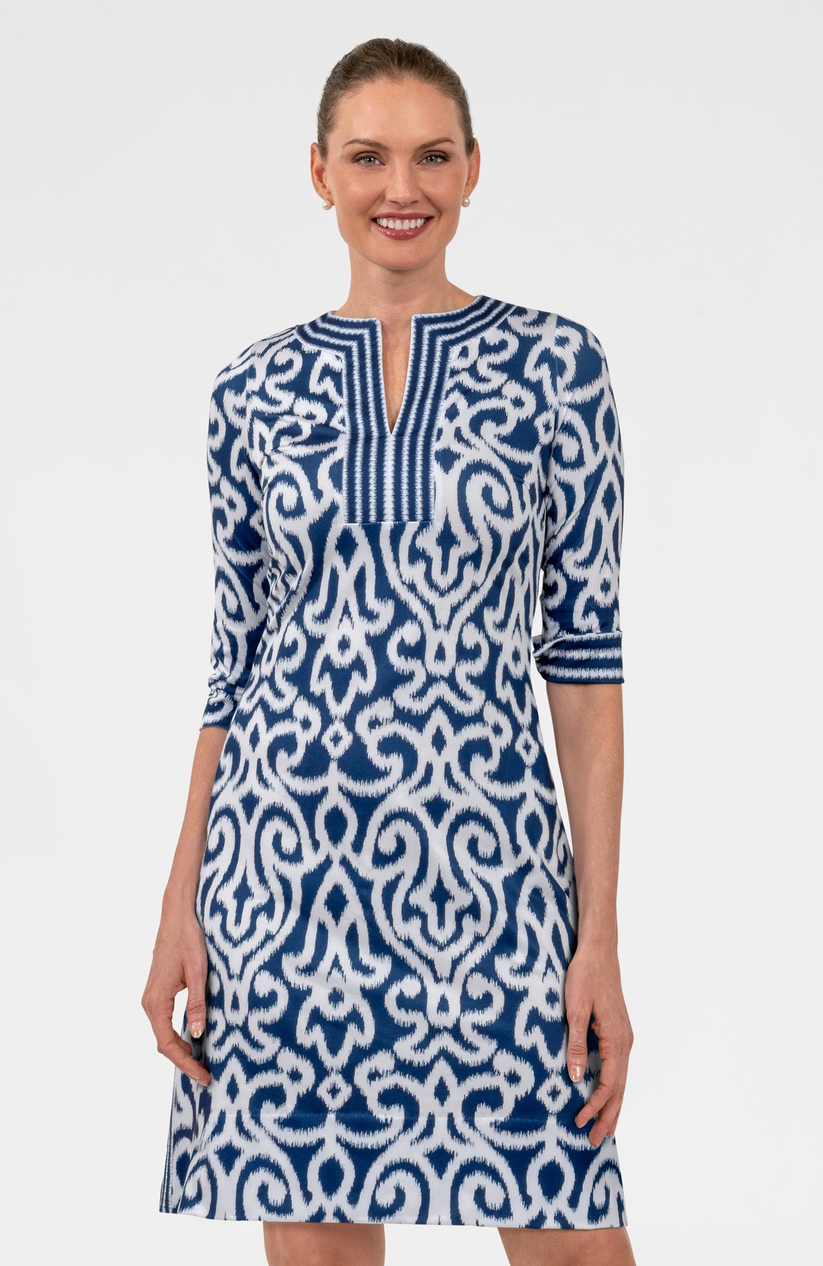 Split Neck Dress- Arabesque Navy