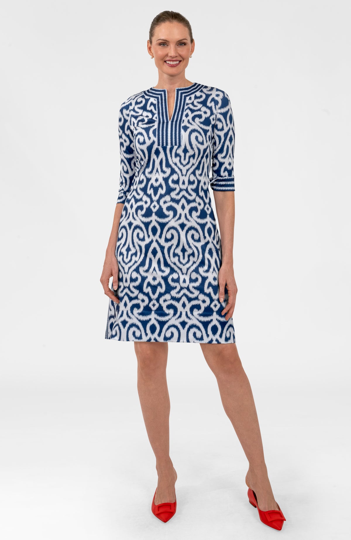 Split Neck Dress- Arabesque Navy