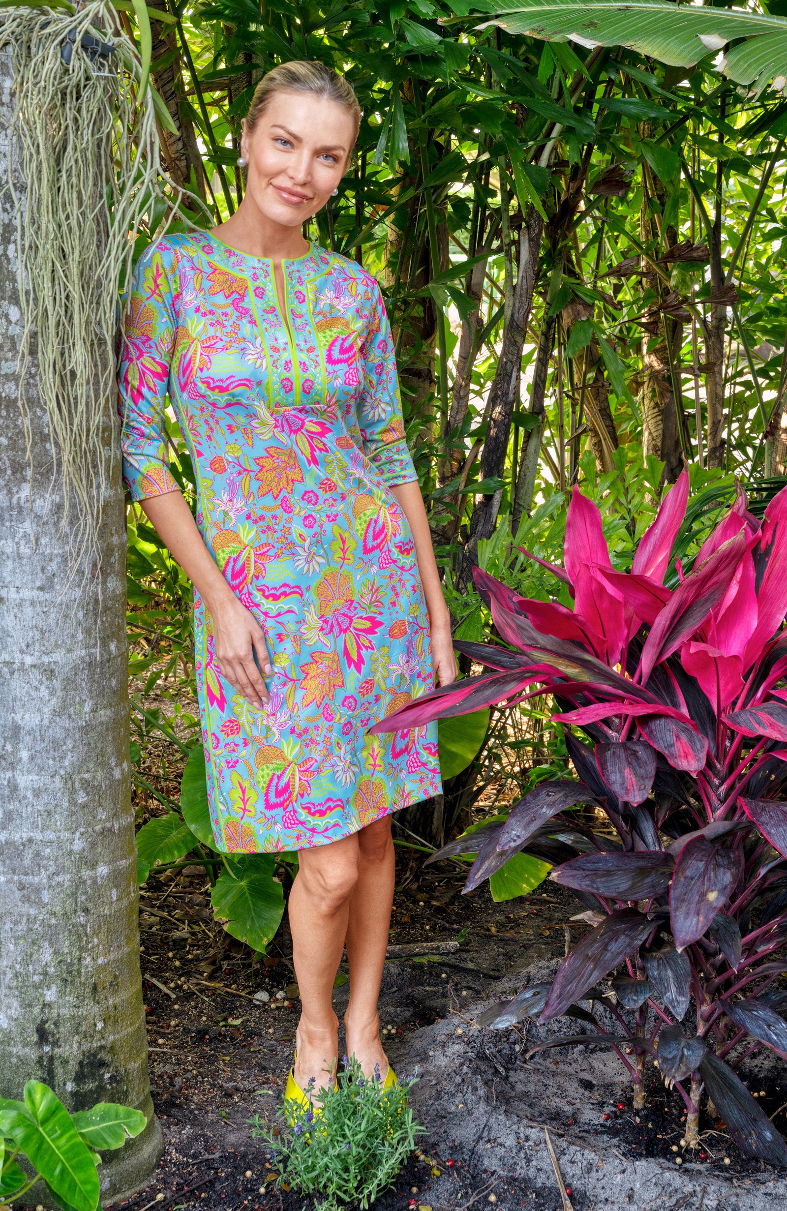 Split Neck Dress - Blooming Party Mystic Turq