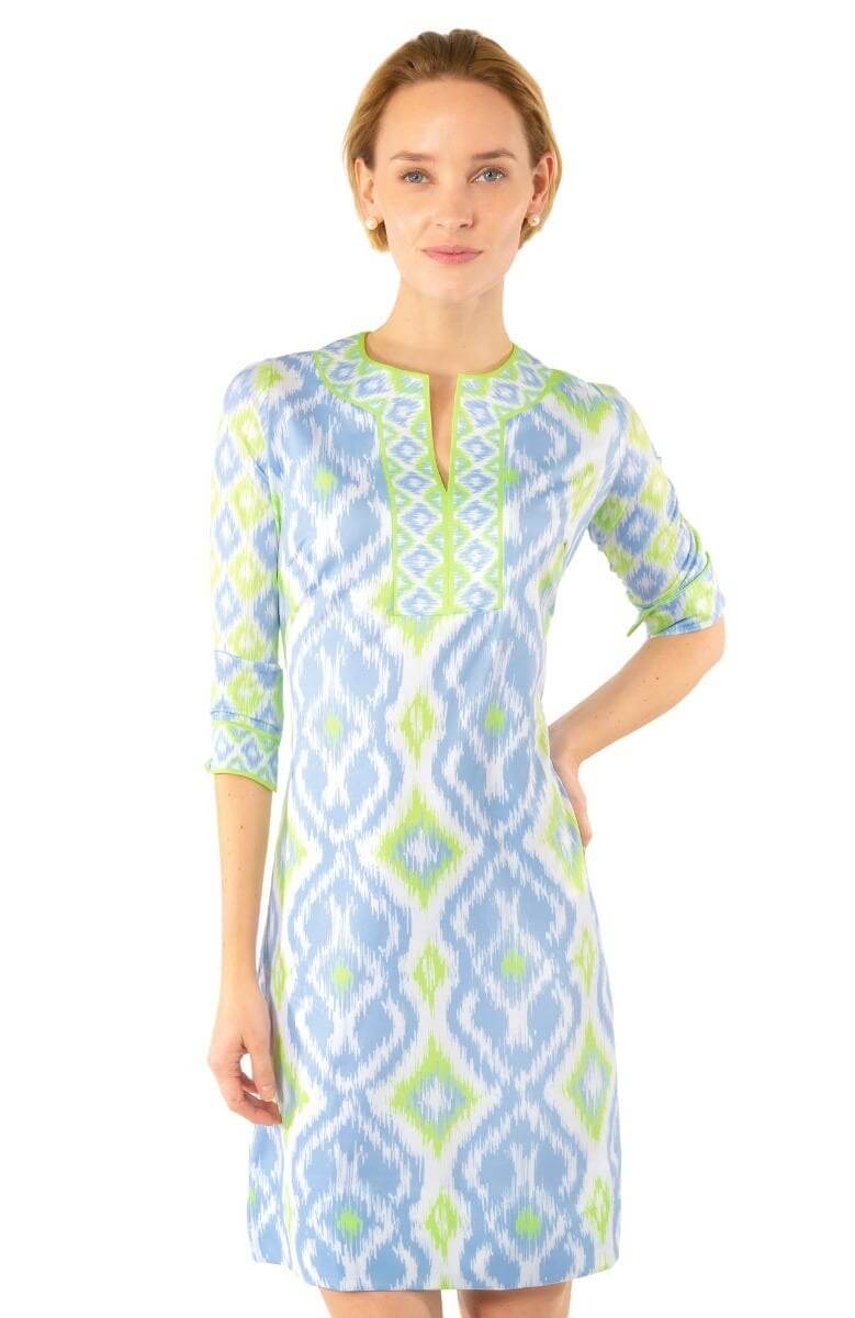 Jersey Split Neck Dress Kitt Ikat - Final Sale Periwinkle Lime