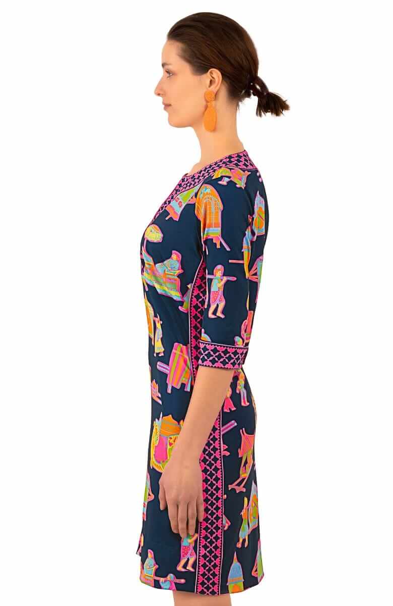 Jersey Split Neck Dress - Palanquin Party - Final Sale Navy Brights