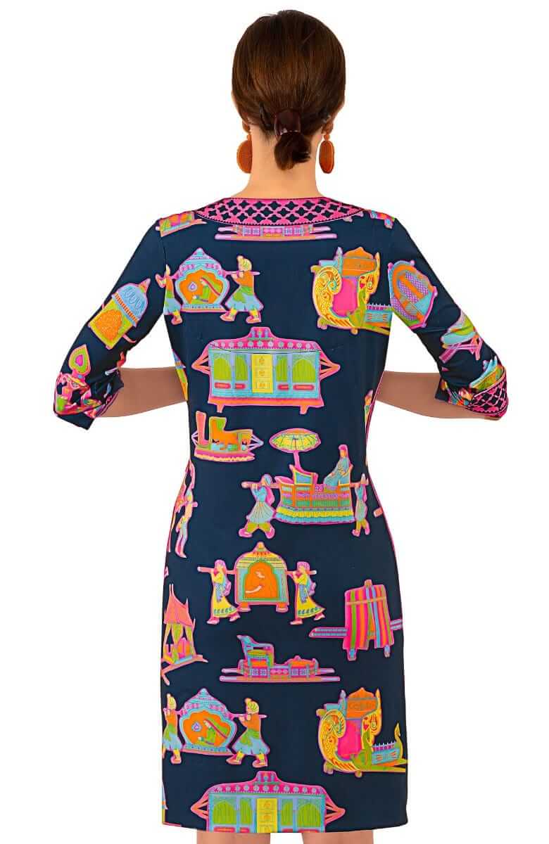 Jersey Split Neck Dress - Palanquin Party - Final Sale Navy Brights