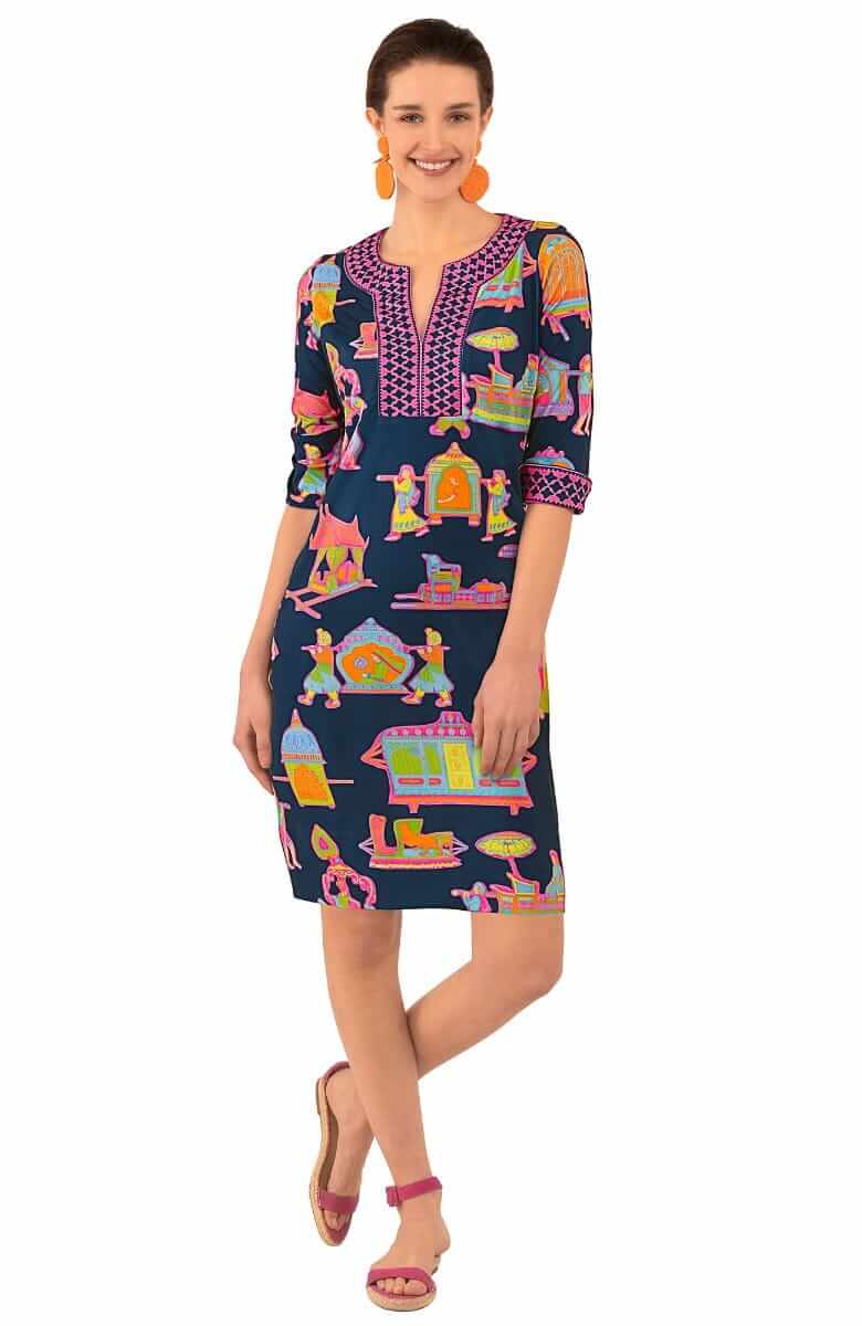 Jersey Split Neck Dress - Palanquin Party - Final Sale Navy Brights