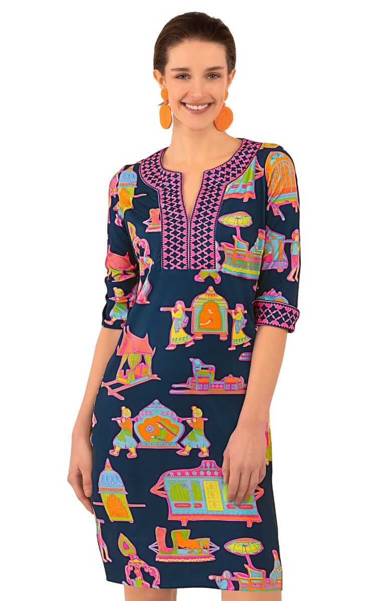 Jersey Split Neck Dress - Palanquin Party - Final Sale Navy Brights