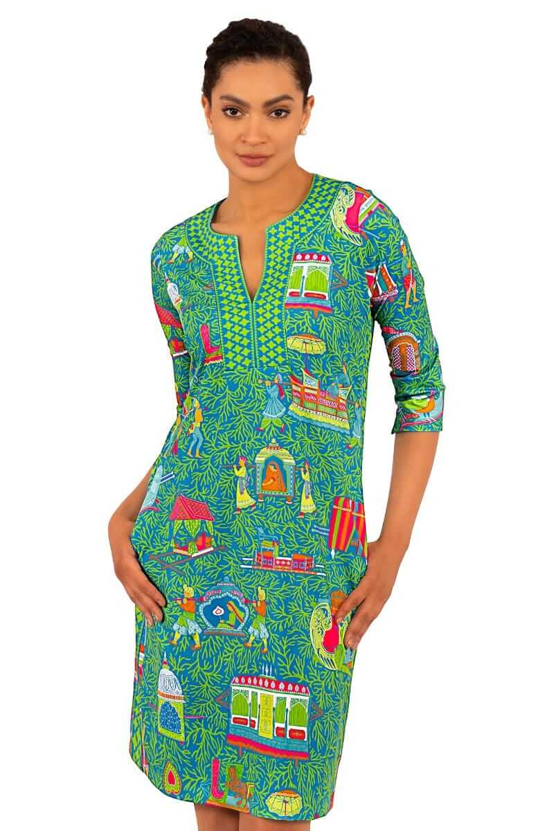 Jersey Split Neck Dress - Palanquin Party - Final Sale Turquoise