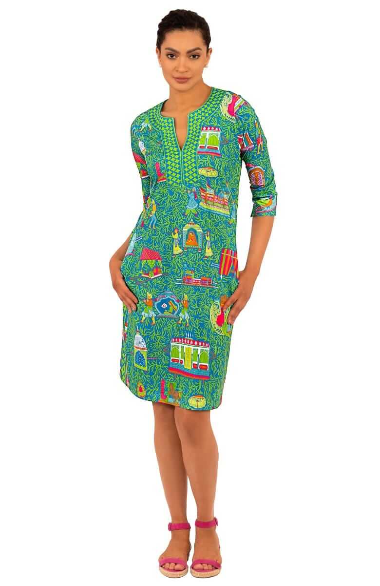 Jersey Split Neck Dress - Palanquin Party - Final Sale Turquoise