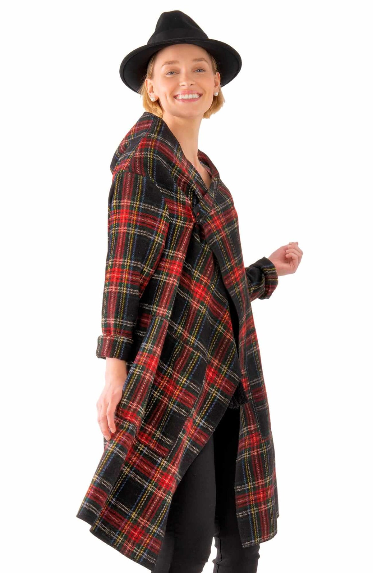 Plaid Wrap Coat With Shawl Collar - Duke Of York - Final Sale Black Multi