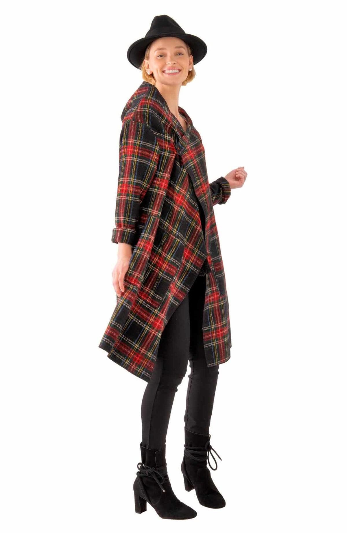 Plaid Wrap Coat With Shawl Collar - Duke Of York - Final Sale Black Multi