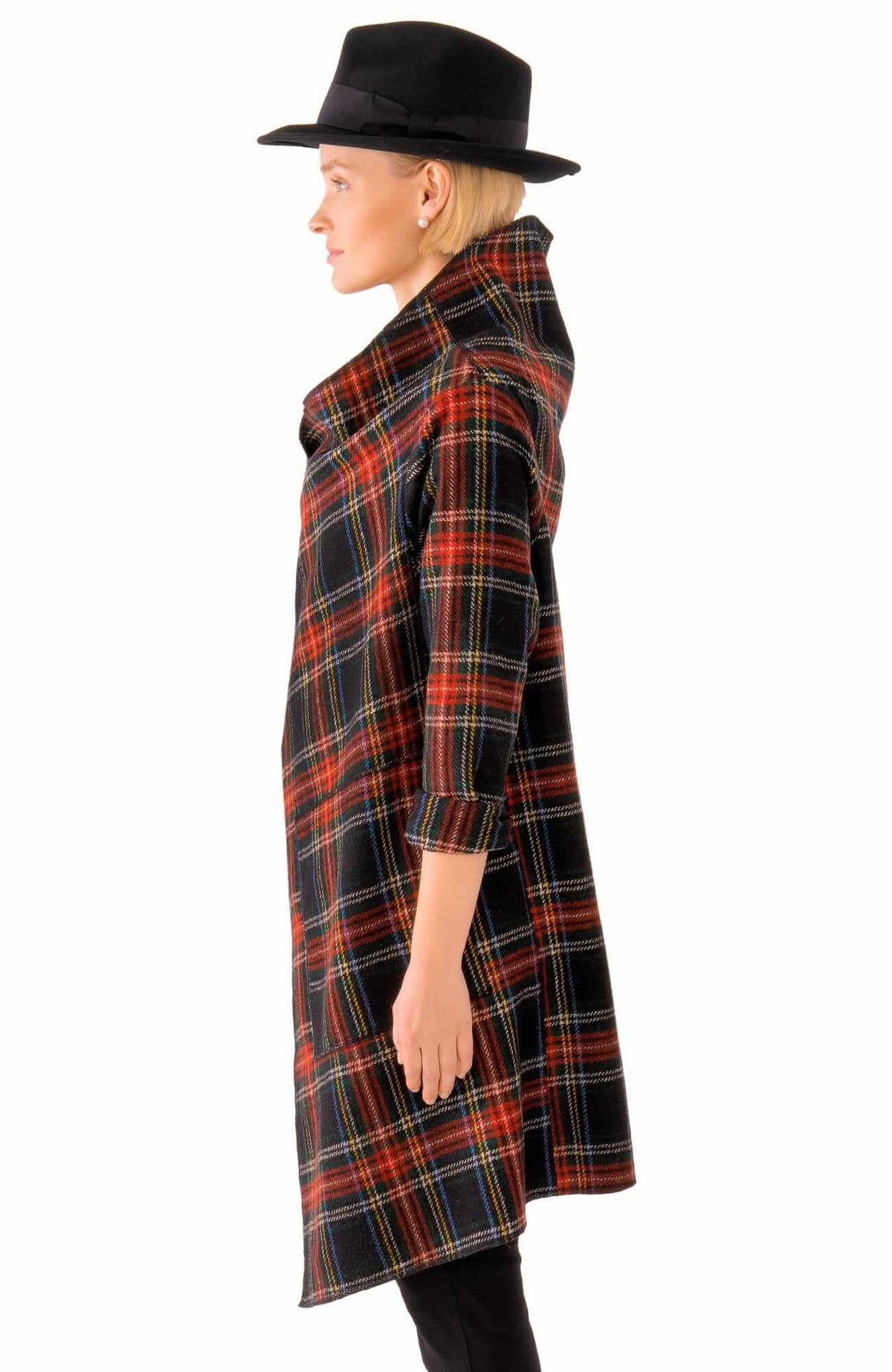 Plaid Wrap Coat With Shawl Collar - Duke Of York - Final Sale Black Multi