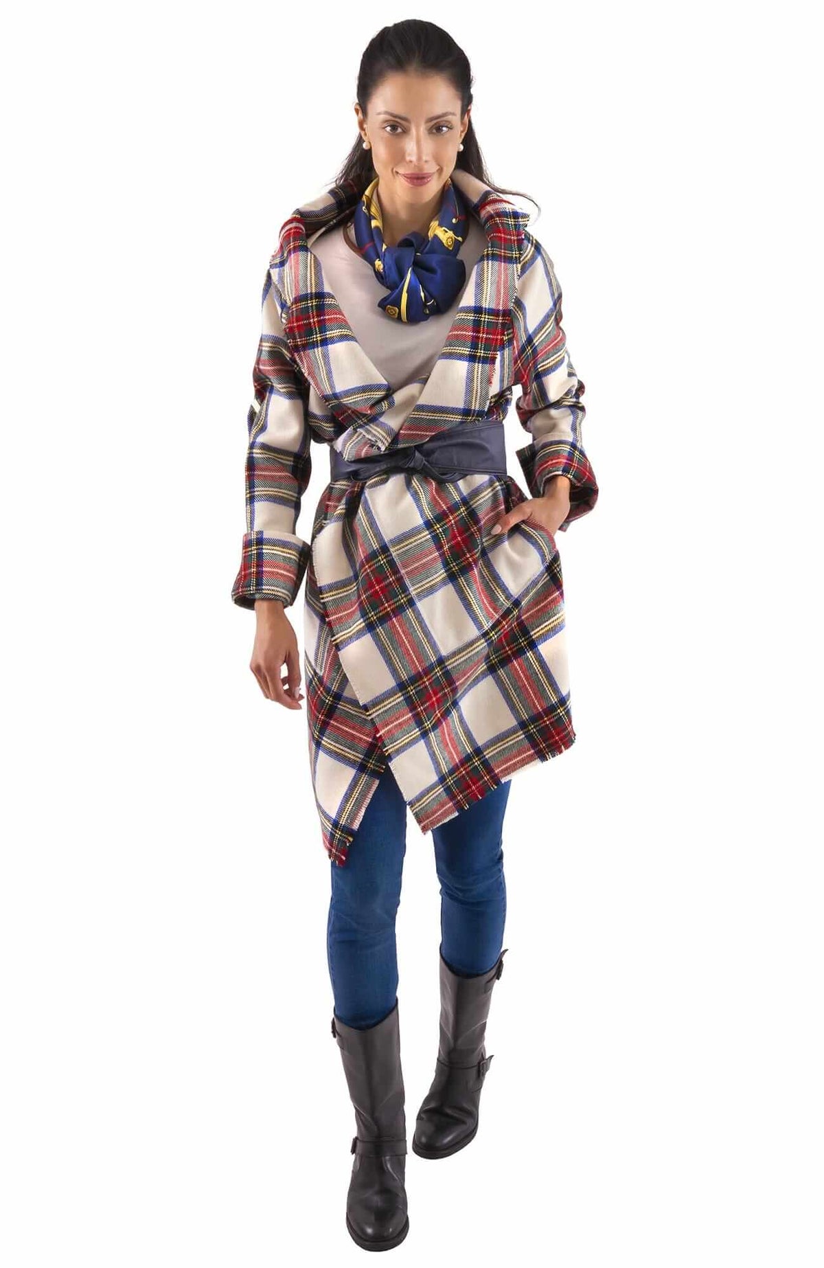 Plaid Wrap Coat With Shawl Collar - Duke Of York - Final Sale White Multi