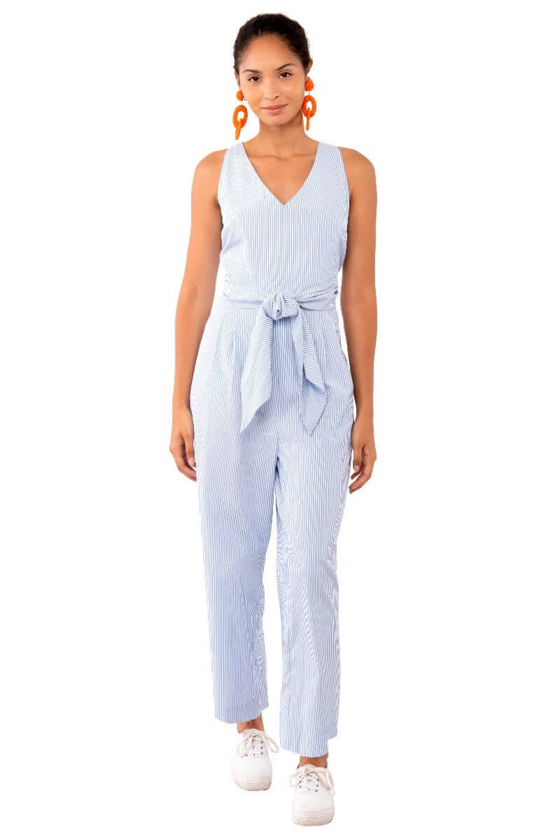 V-Neck Wrap Jumpsuit - Stripe Cotton Poplin - Final Sale Periwinkle