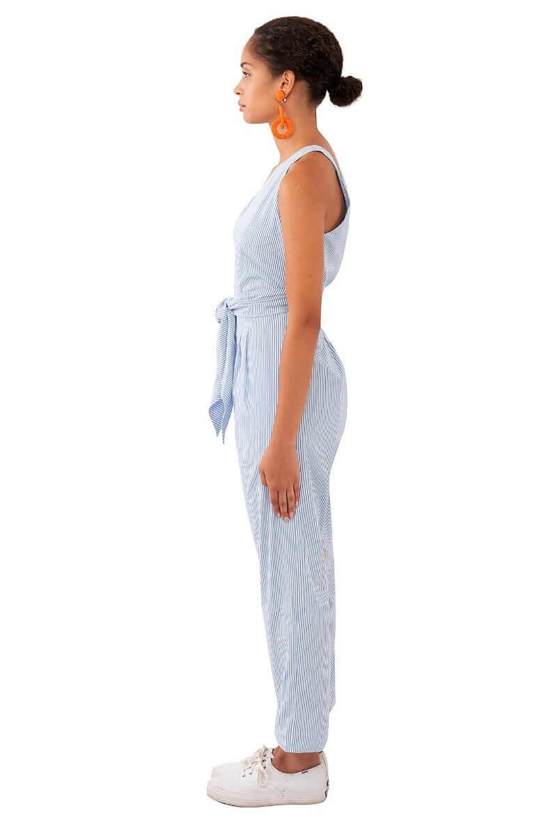 V-Neck Wrap Jumpsuit - Stripe Cotton Poplin - Final Sale Periwinkle