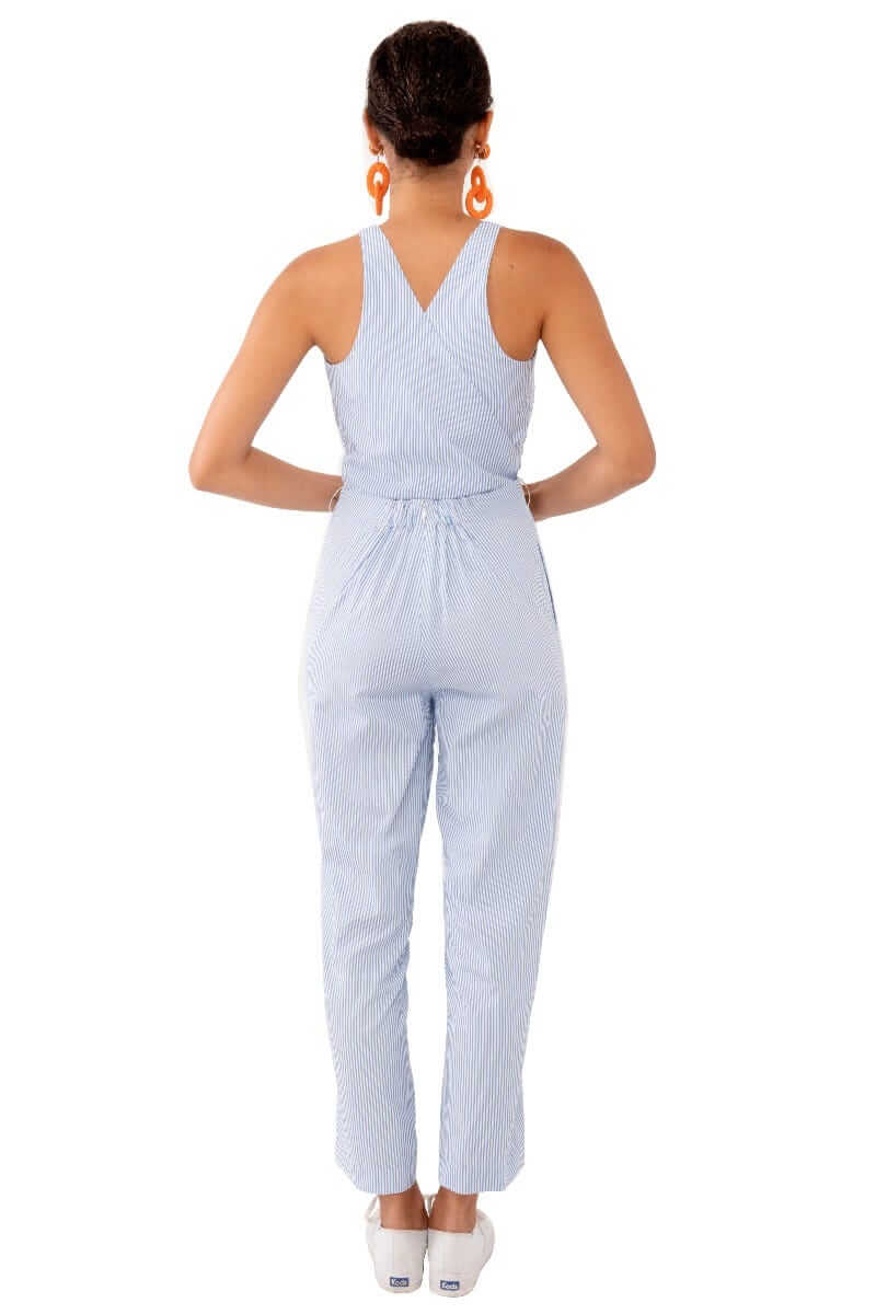 V-Neck Wrap Jumpsuit - Stripe Cotton Poplin - Final Sale Periwinkle