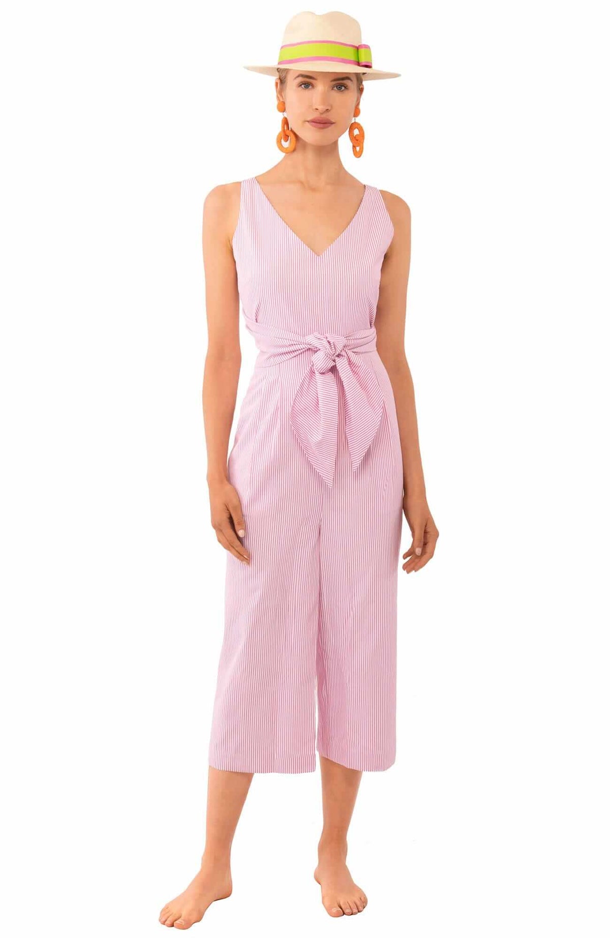 V-Neck Wrap Jumpsuit - Stripe Cotton Poplin - Final Sale Pink