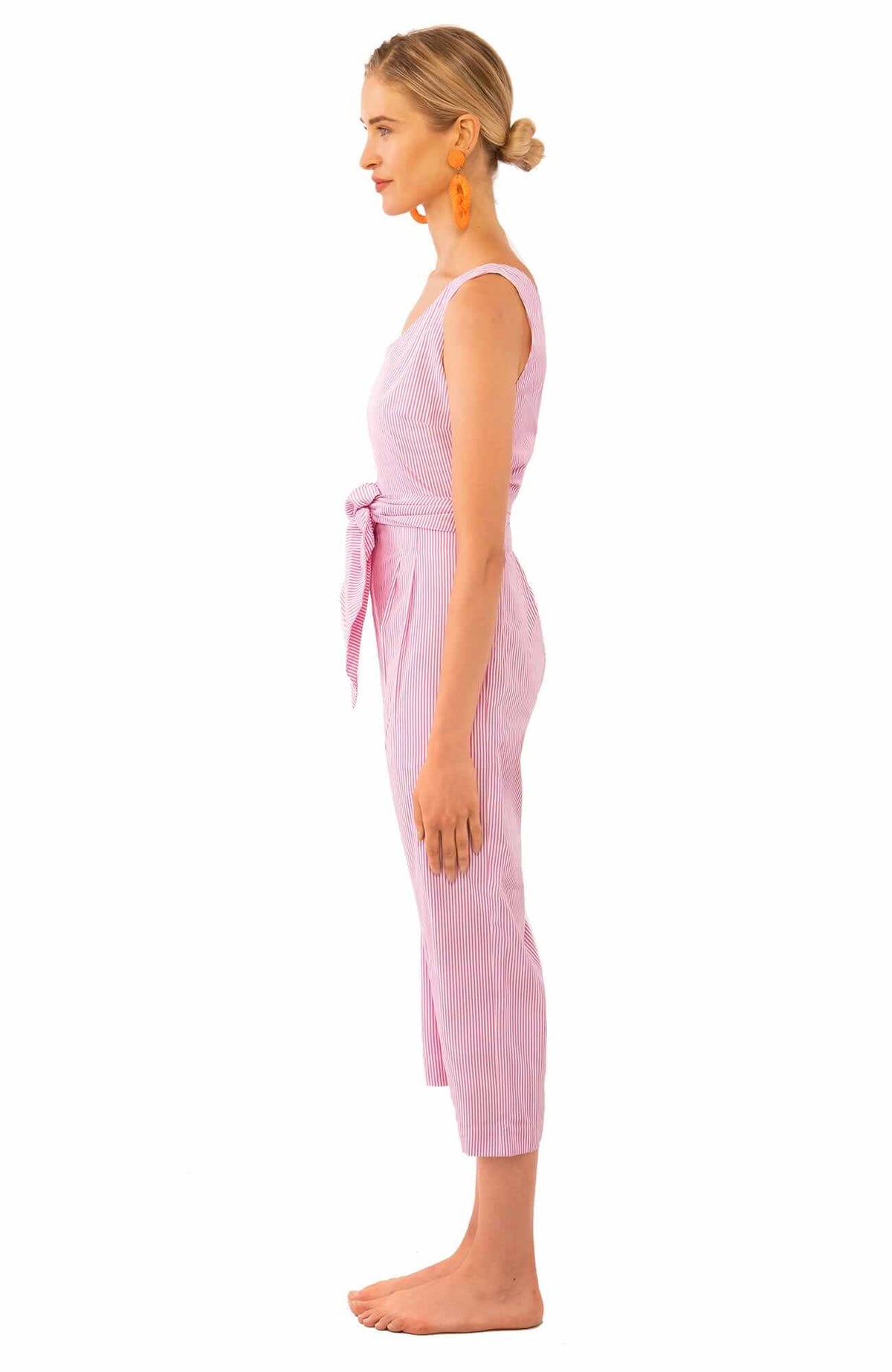 V-Neck Wrap Jumpsuit - Stripe Cotton Poplin - Final Sale Pink