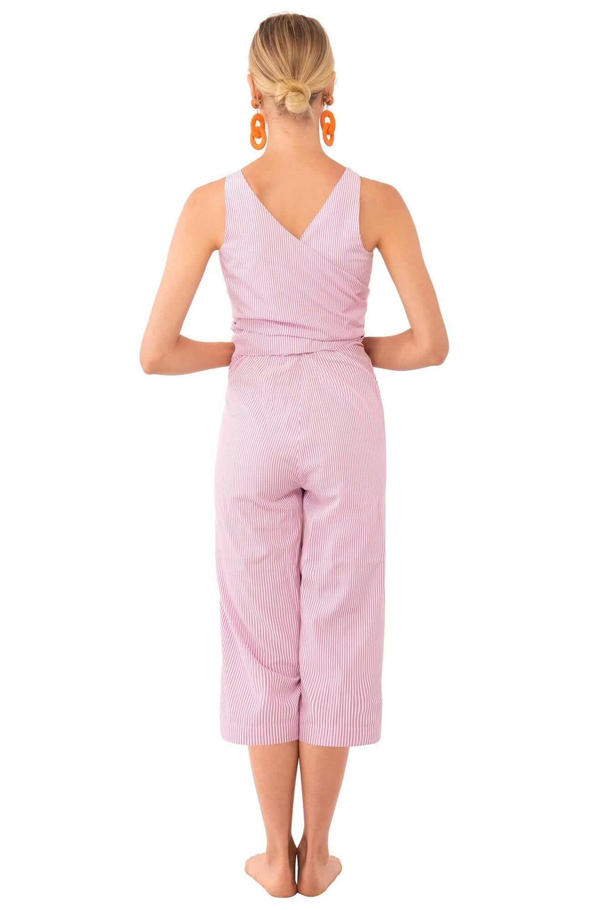 V-Neck Wrap Jumpsuit - Stripe Cotton Poplin - Final Sale Pink