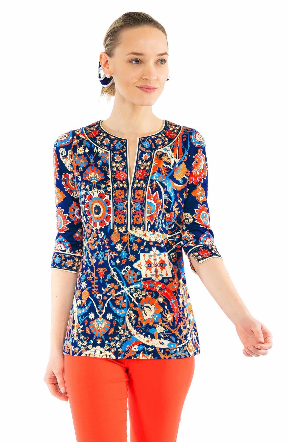 Jersey Split Neck Tunic - Magic Carpet - Final Sale Navymulti