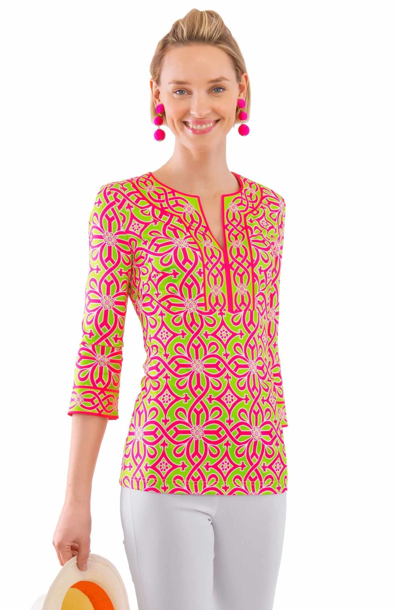 Jersey Split Neck Tunic - Piazza - Final Sale Lime Pink