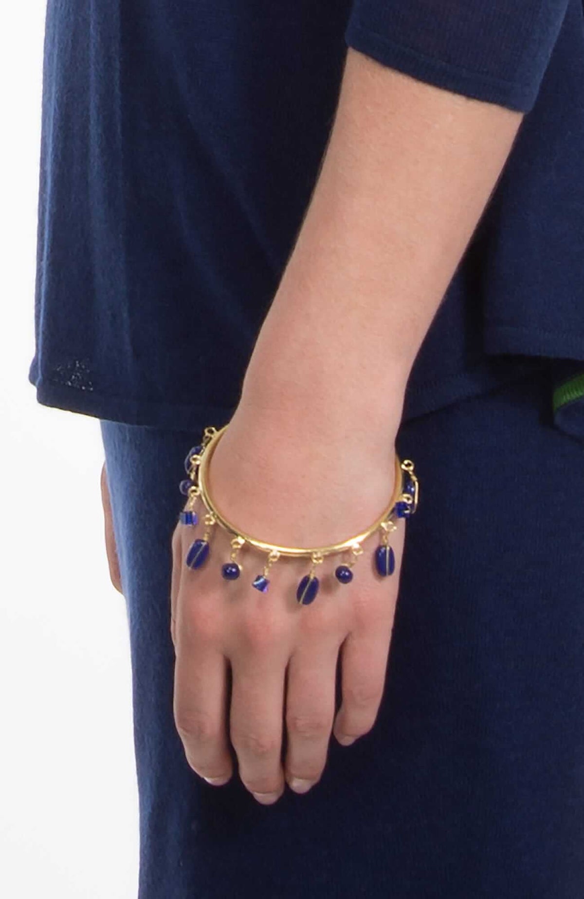 &quot;Stone Charmer&quot; Gemstone Charm Bangle Bracelet Gold Lapis ONE SIZE