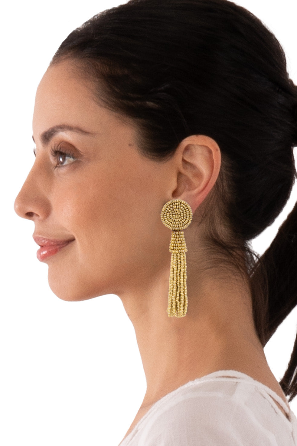 Beaded Glass Clip Tassel Earrings - Johannesburg Gold One Size