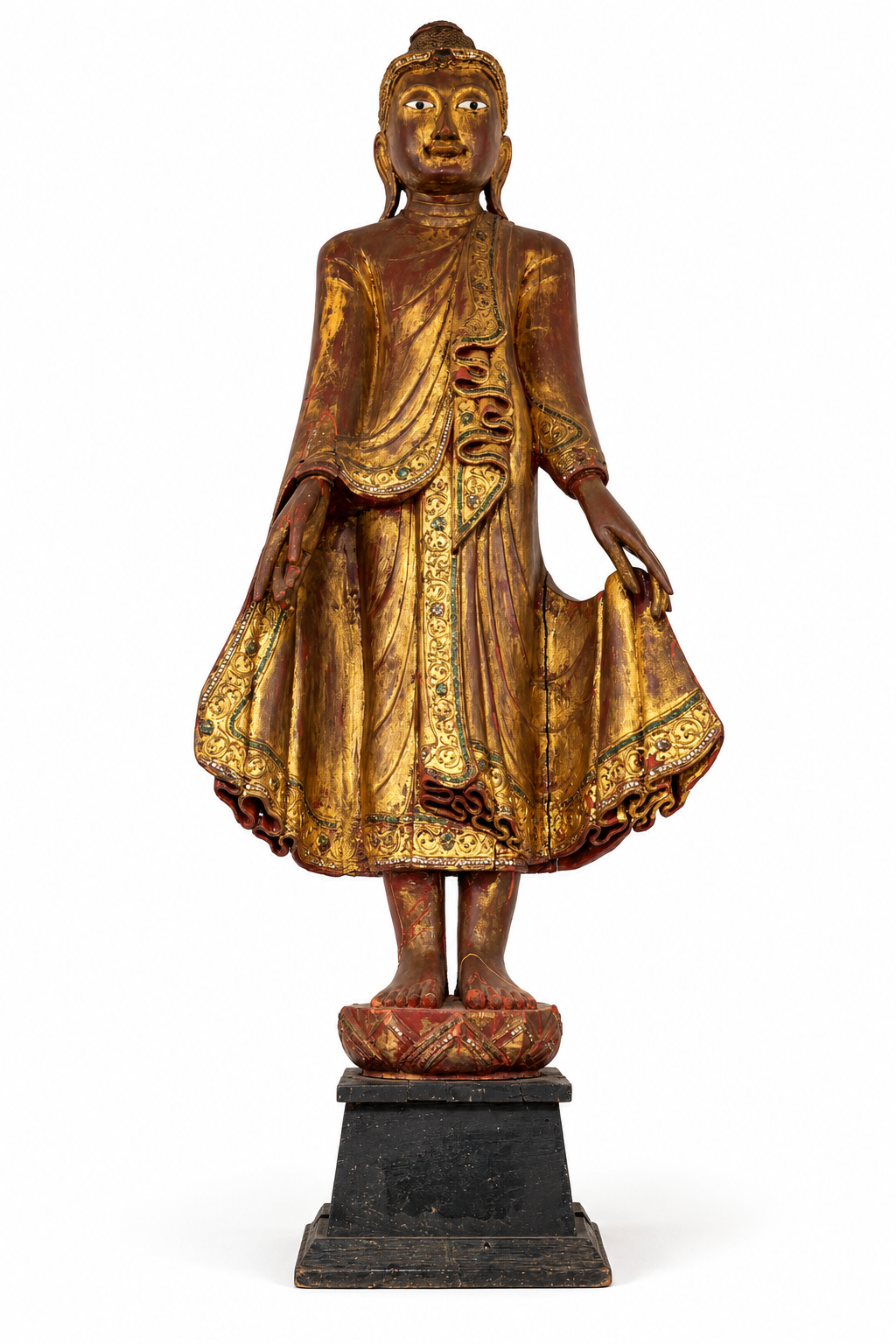 19th Century Gilt & Painted Carved Wood Standing Buddha – 45"