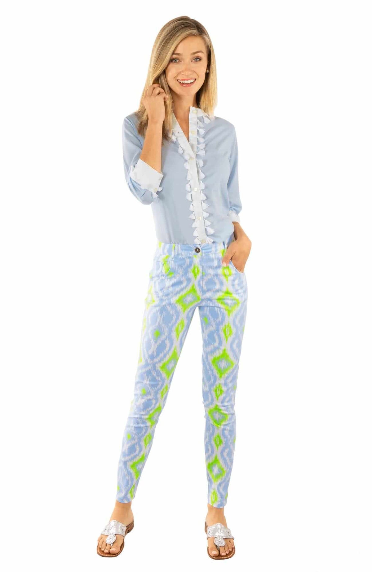 GripeLess Cotton Spandex Jeans - Kitt Ikat - Final Sale Periwinkle Lime