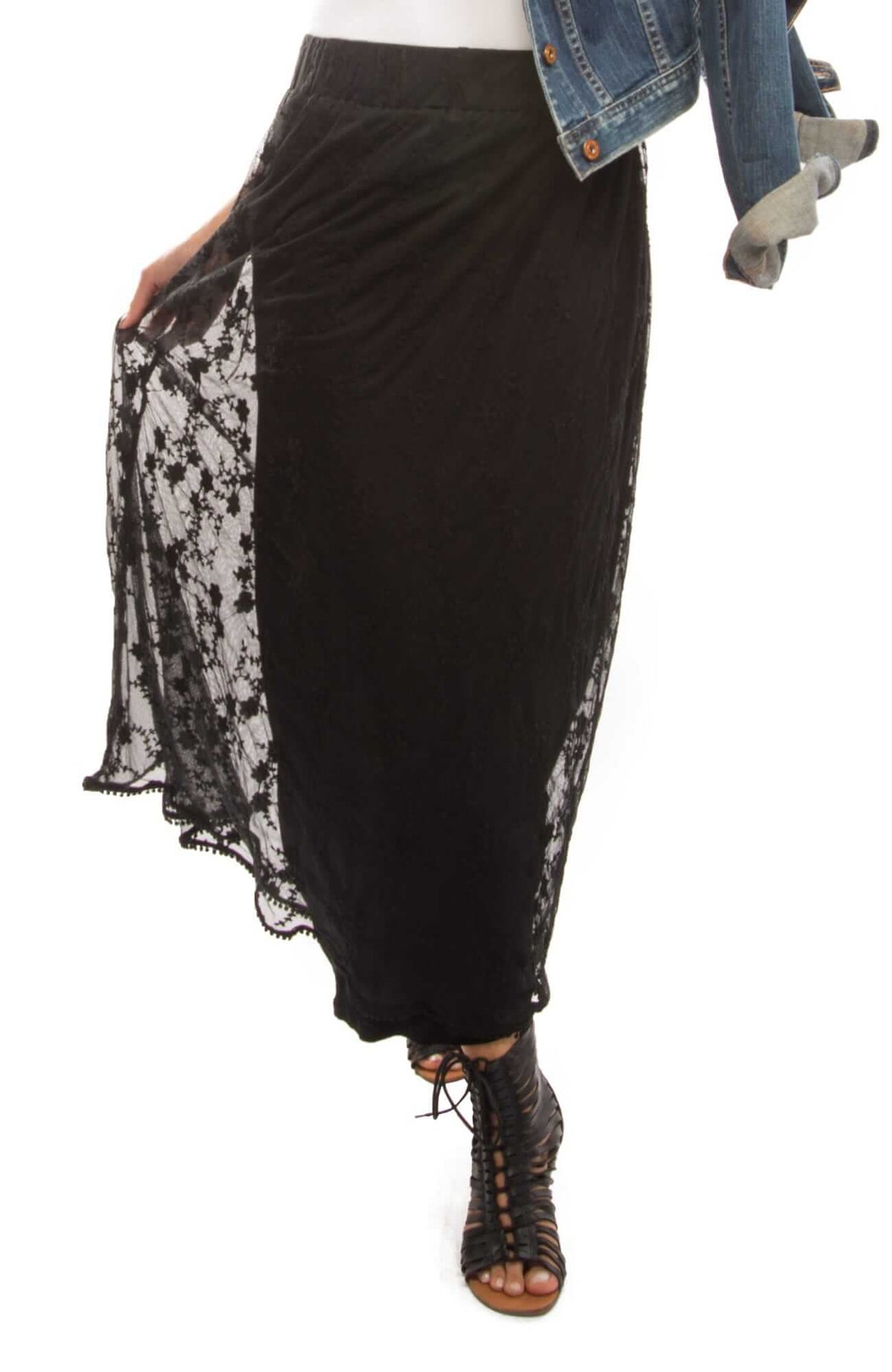 Mesh Embroidered Long Skirt - Net Game - Final Sale Black