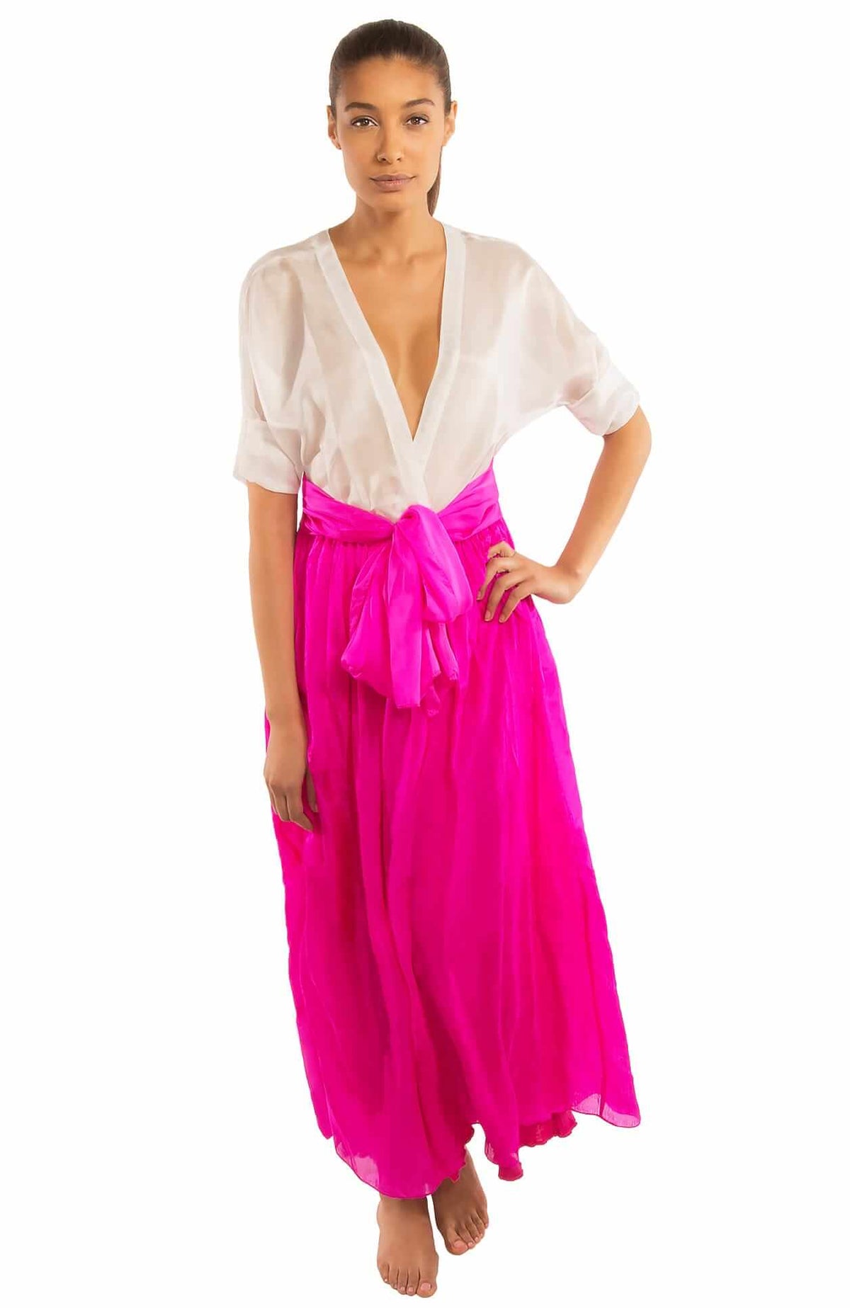 Silk Long Skirt with Sash Hot Pink