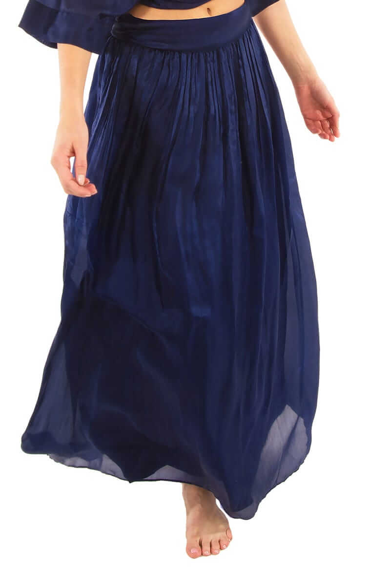 Silk Long Skirt with Sash Navy