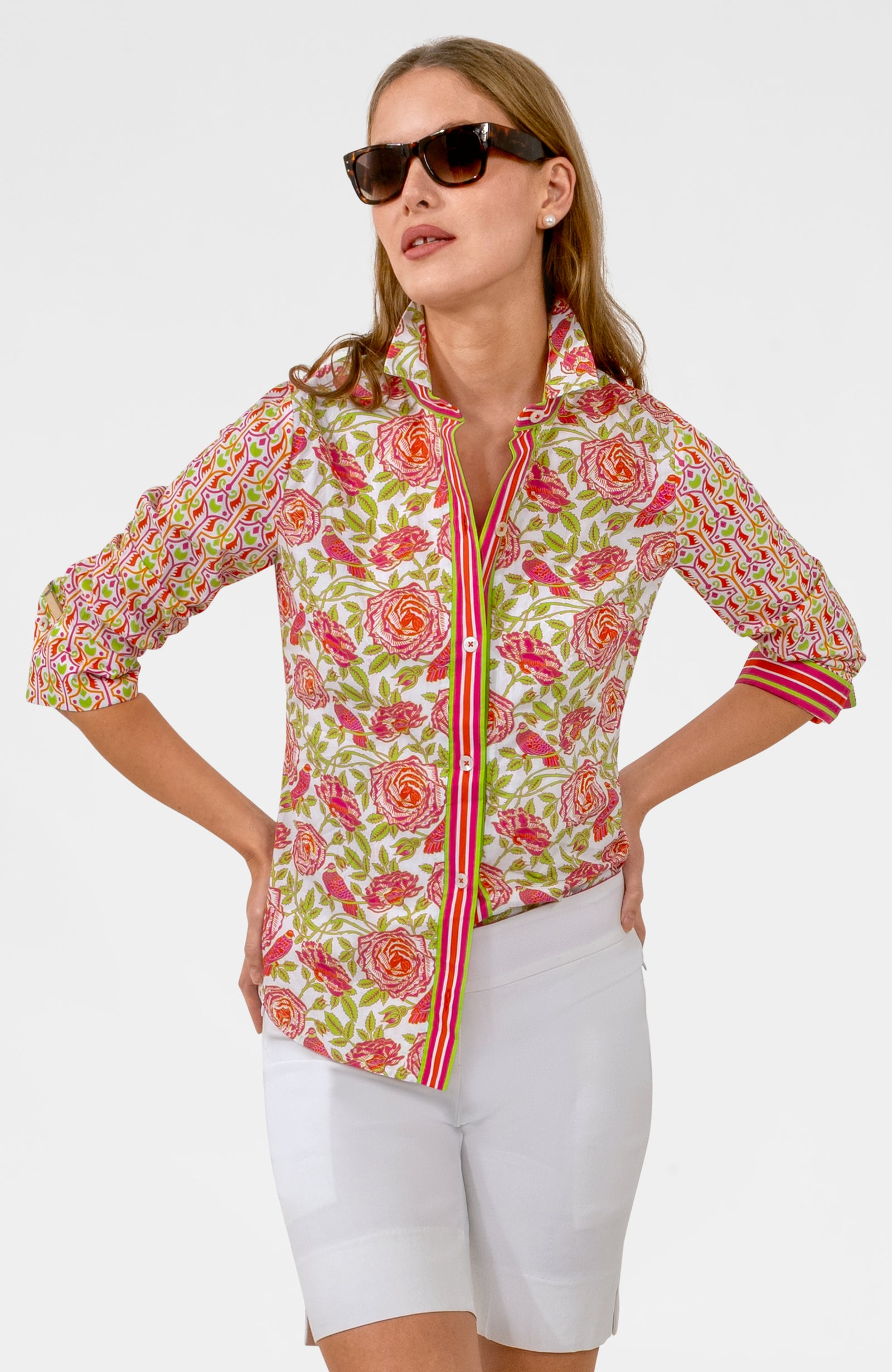 Boyfriend Shirt - Smell The Roses Pink Lime