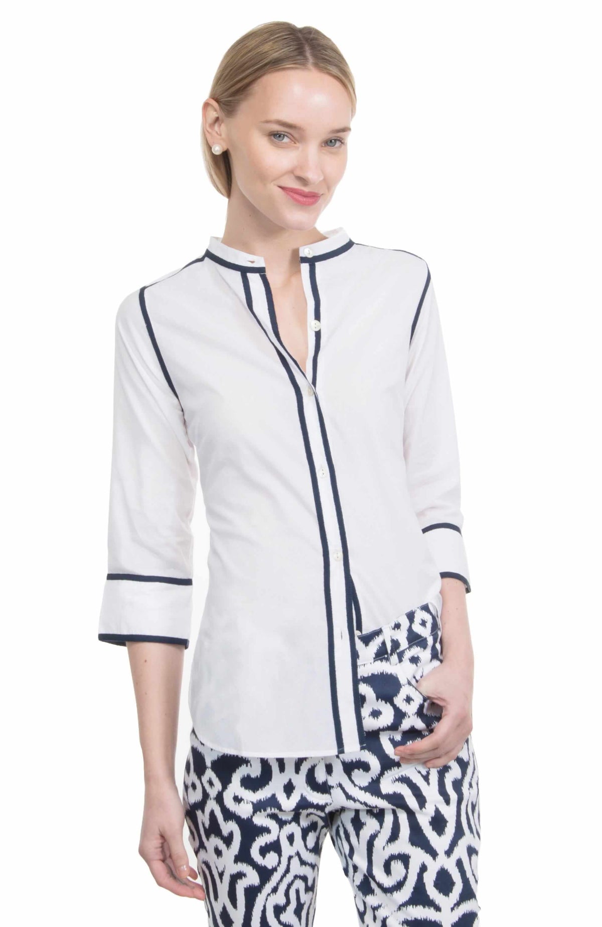 Cotton Voile Blouse - Grosgrain Heaven - Final Sale White Navy