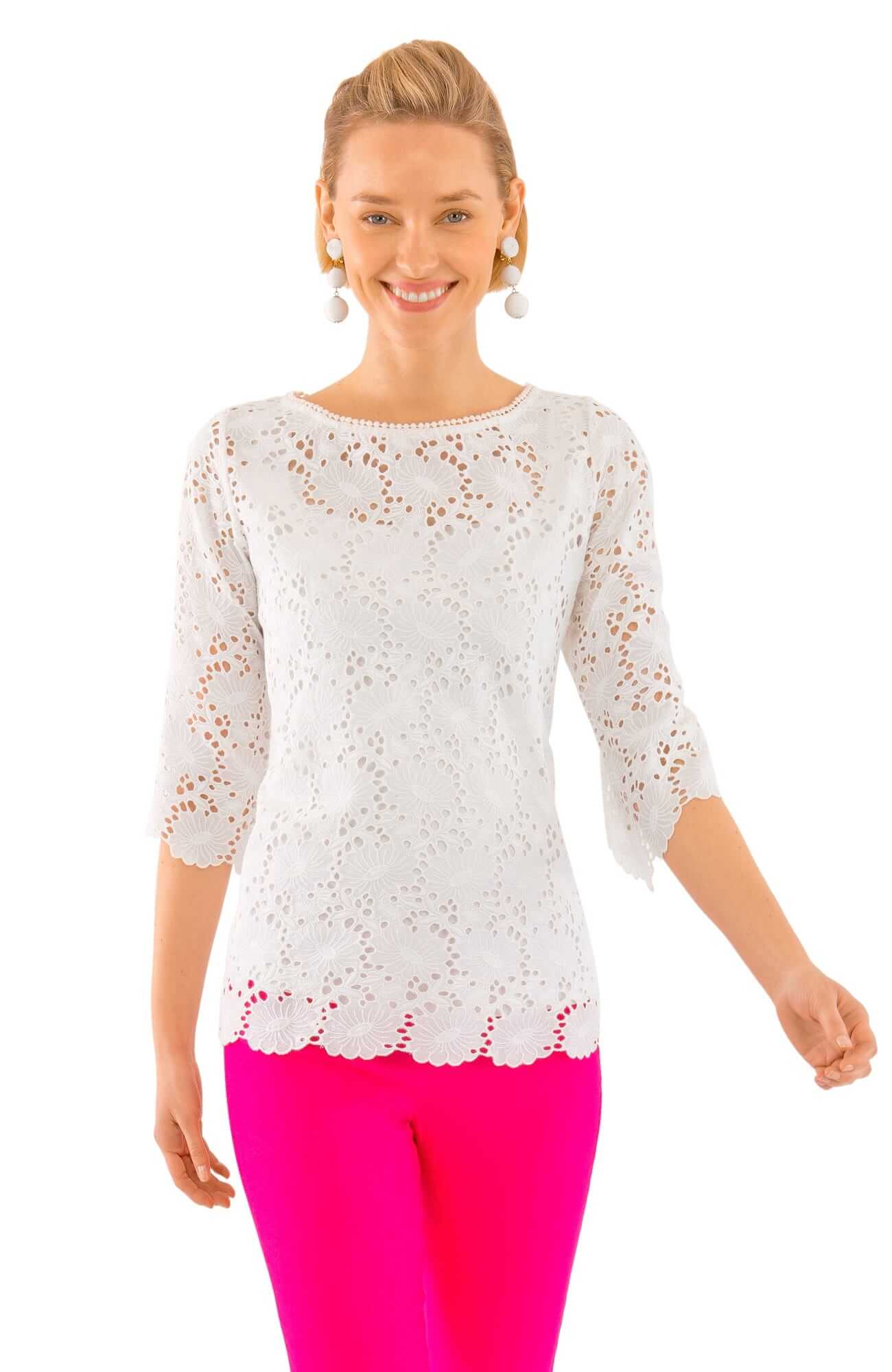 Daisy Embroidered Eyelet Top White