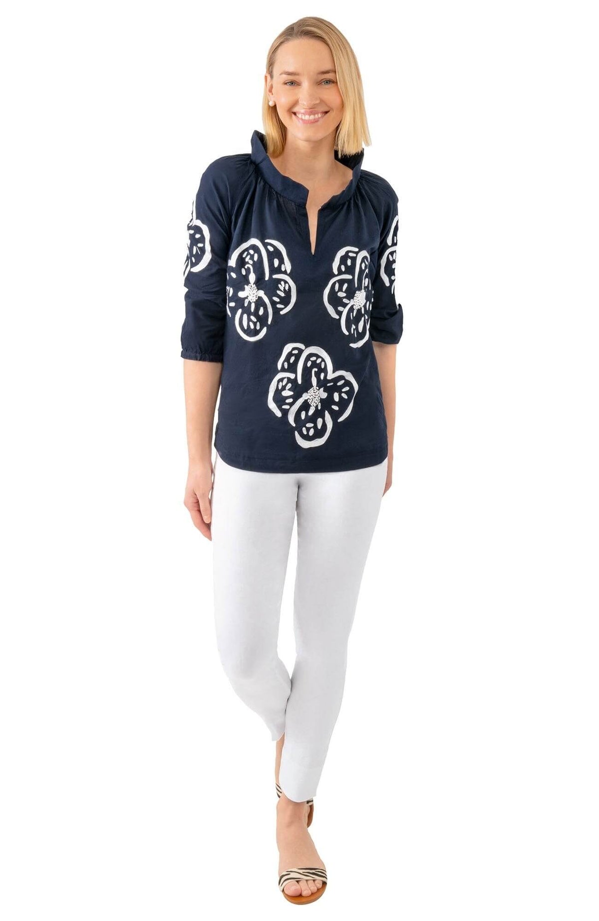 Twombly Floral Embroidered Top - Final Sale Navy White Shrimp (XXS)