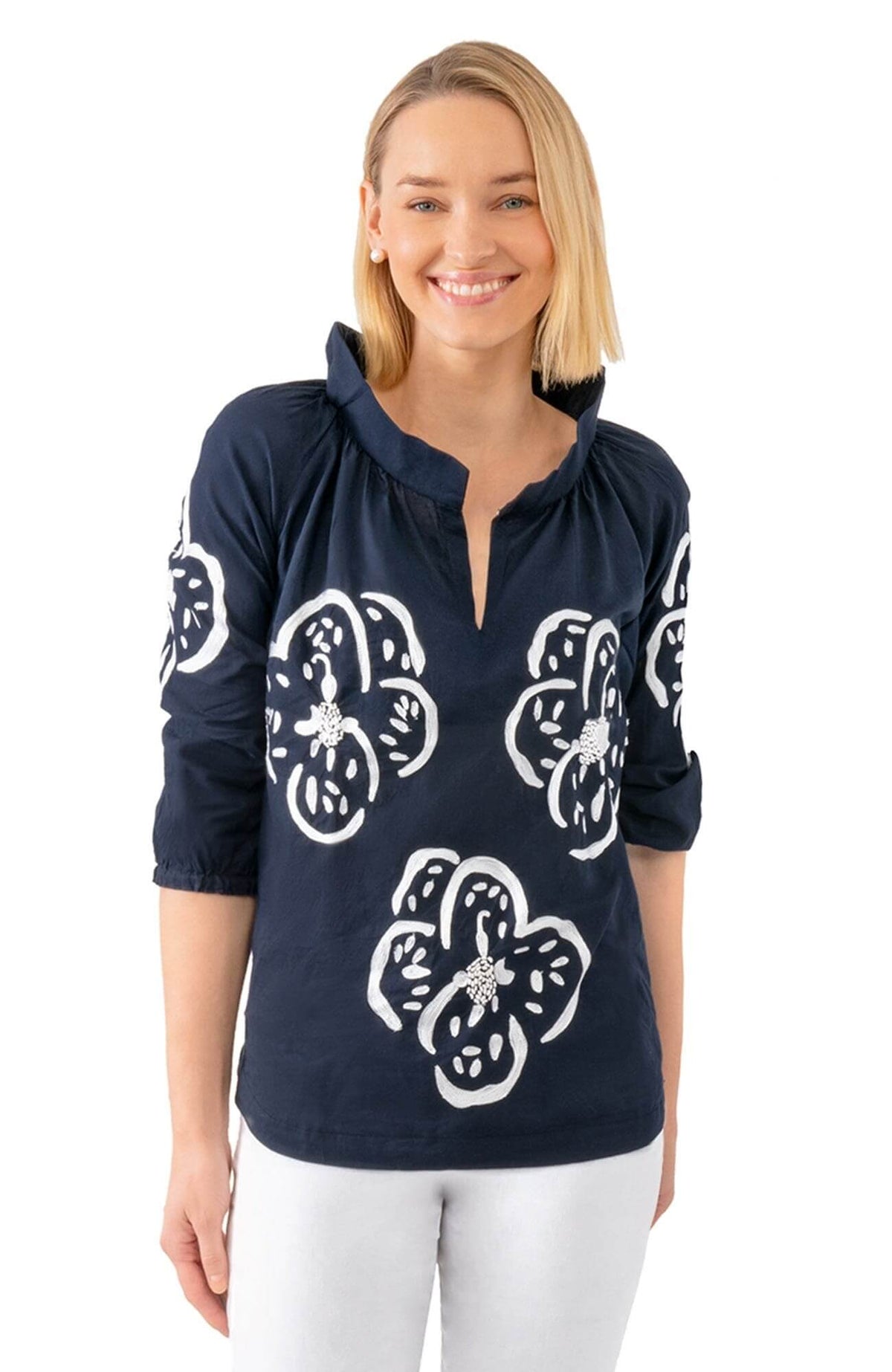 Twombly Floral Embroidered Top - Final Sale Navy White