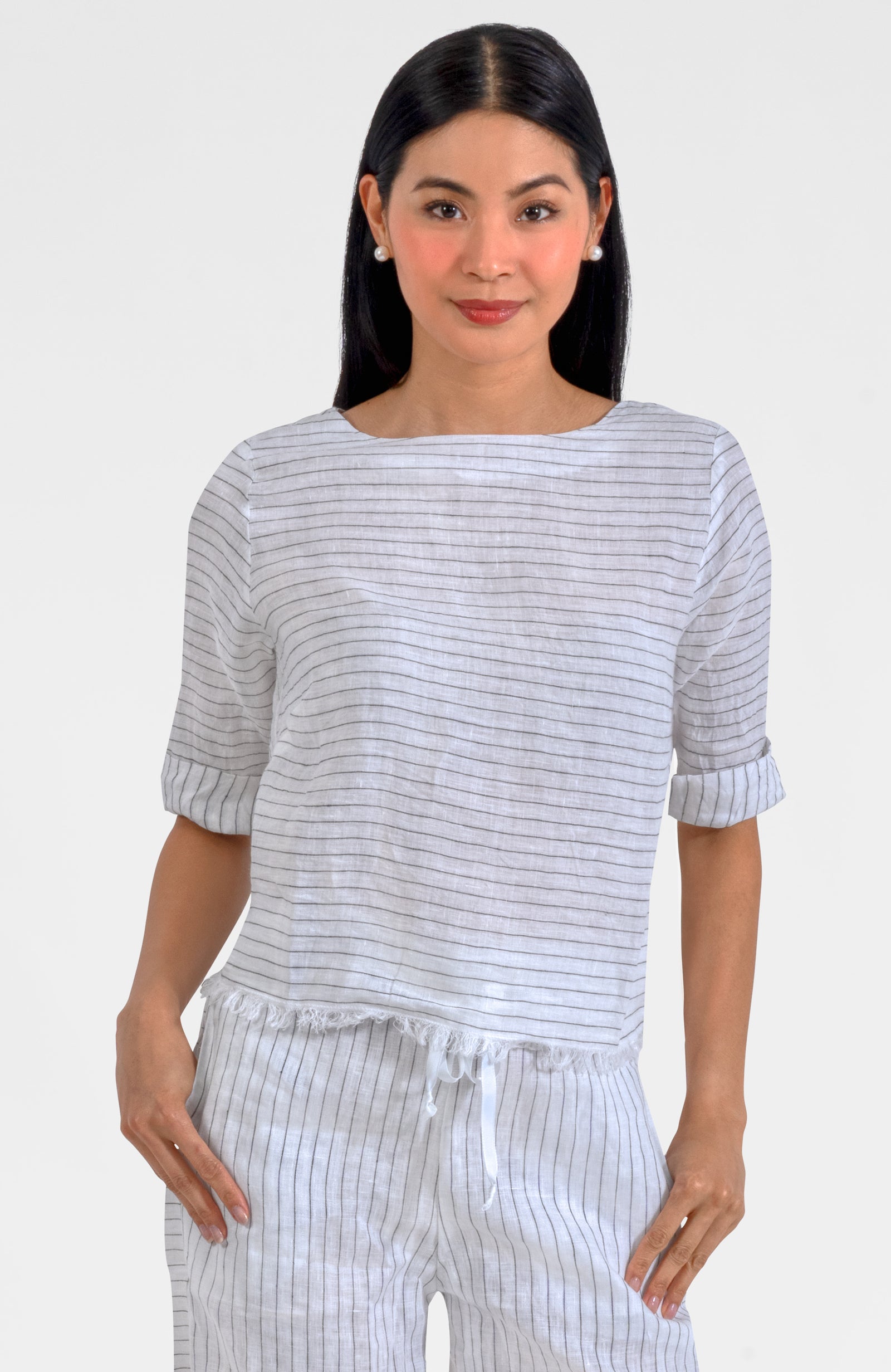 Back Button Linen Top - Stripe It White