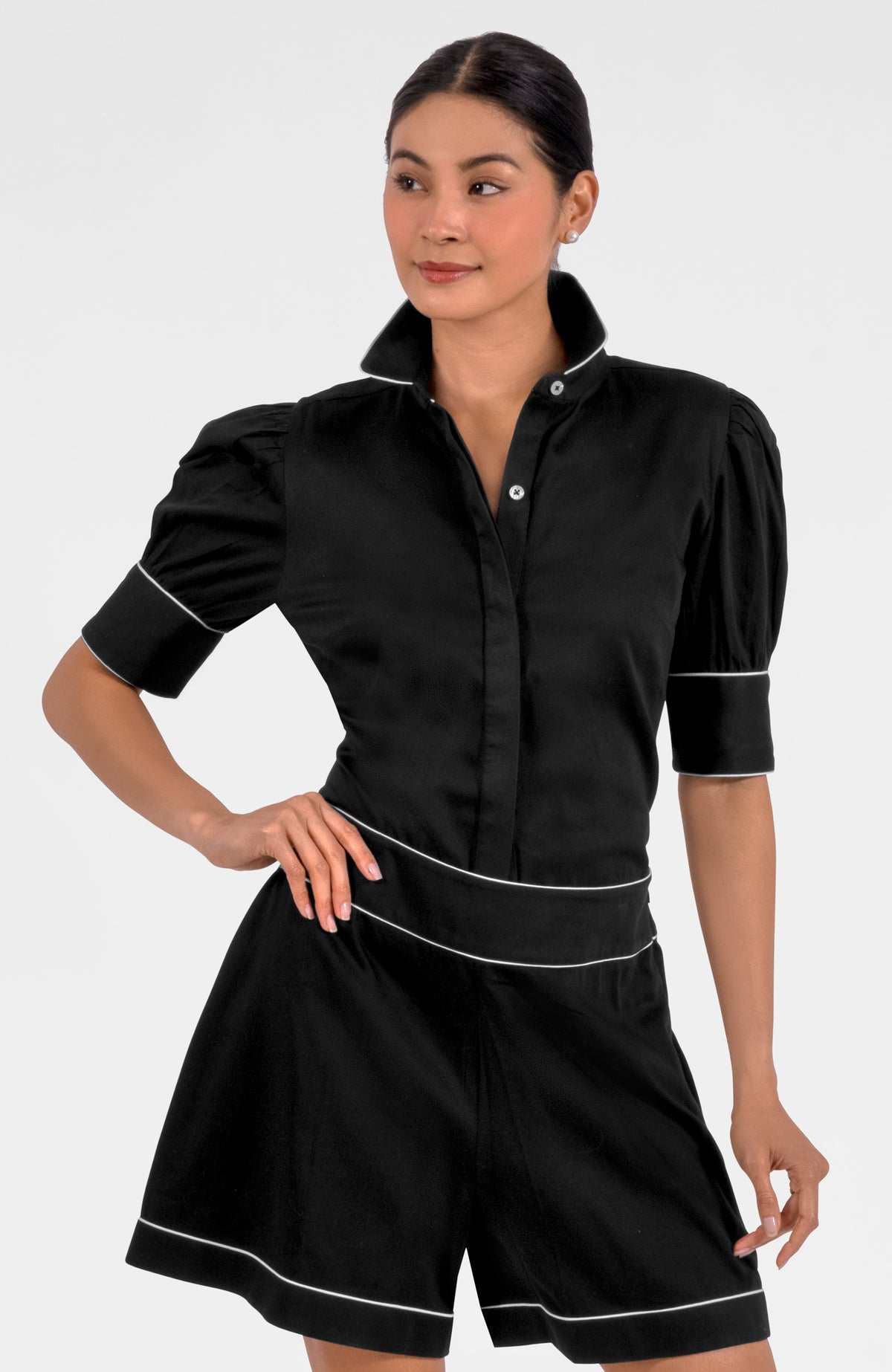 Pip Pip Piping Boyfriend Shirt - Solid White Navy