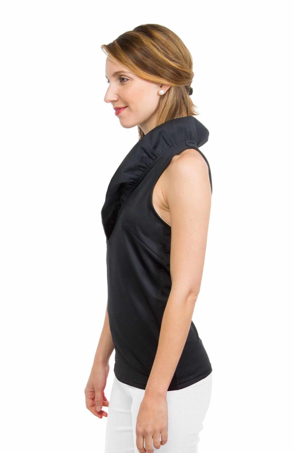 Jersey Sleeveless Ruffneck Top - Solid Black