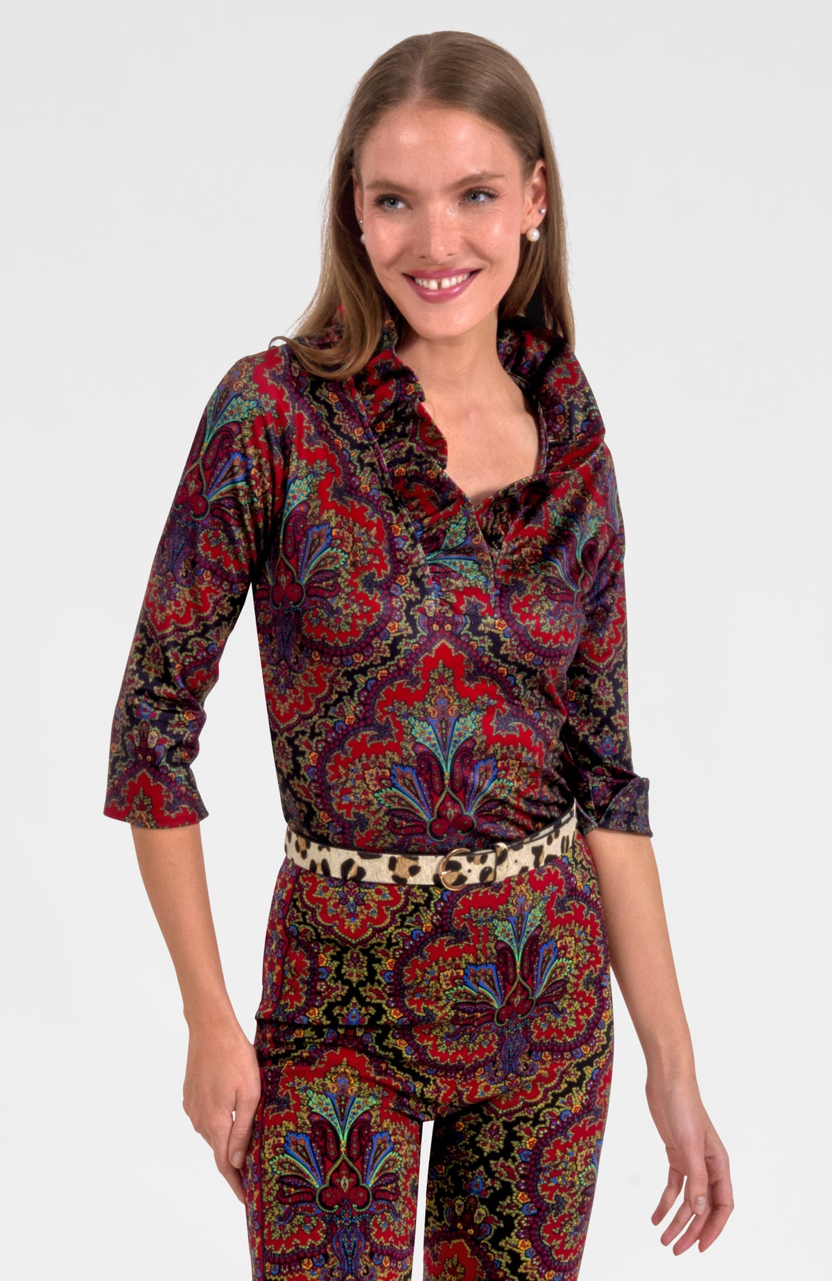 3/4 Sleeve Ruffneck Top - Passion Paisley Black