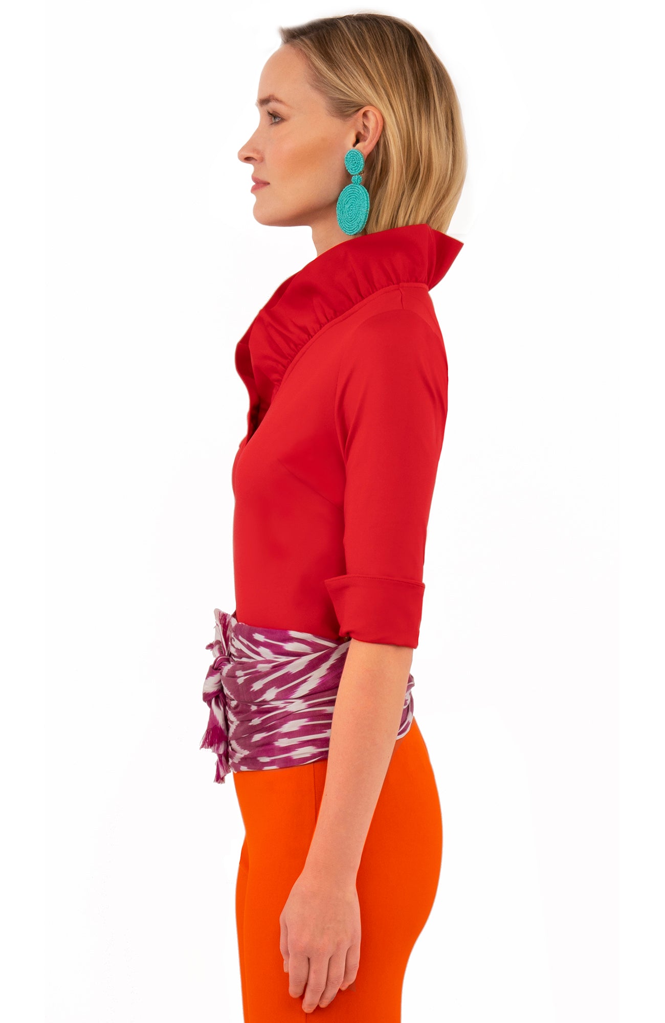 Jersey Ruffneck 3/4 Sleeve Top - Solid Crimson