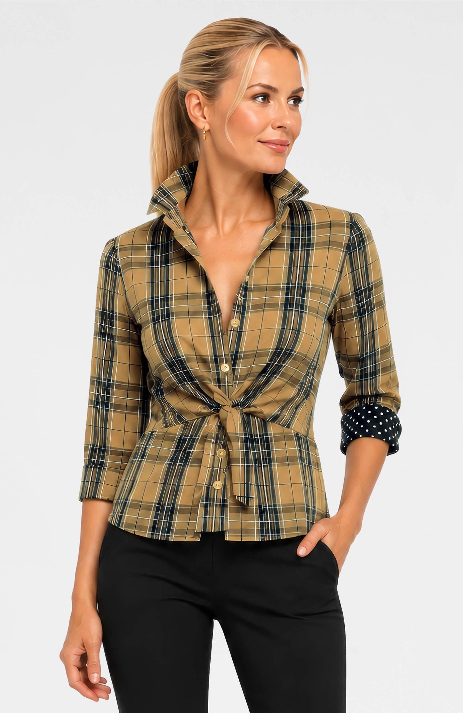 TPTSBG-KHK-1 - Twist & Shout Top - Belgravia Plaid - Clothing - Gretchen Scott