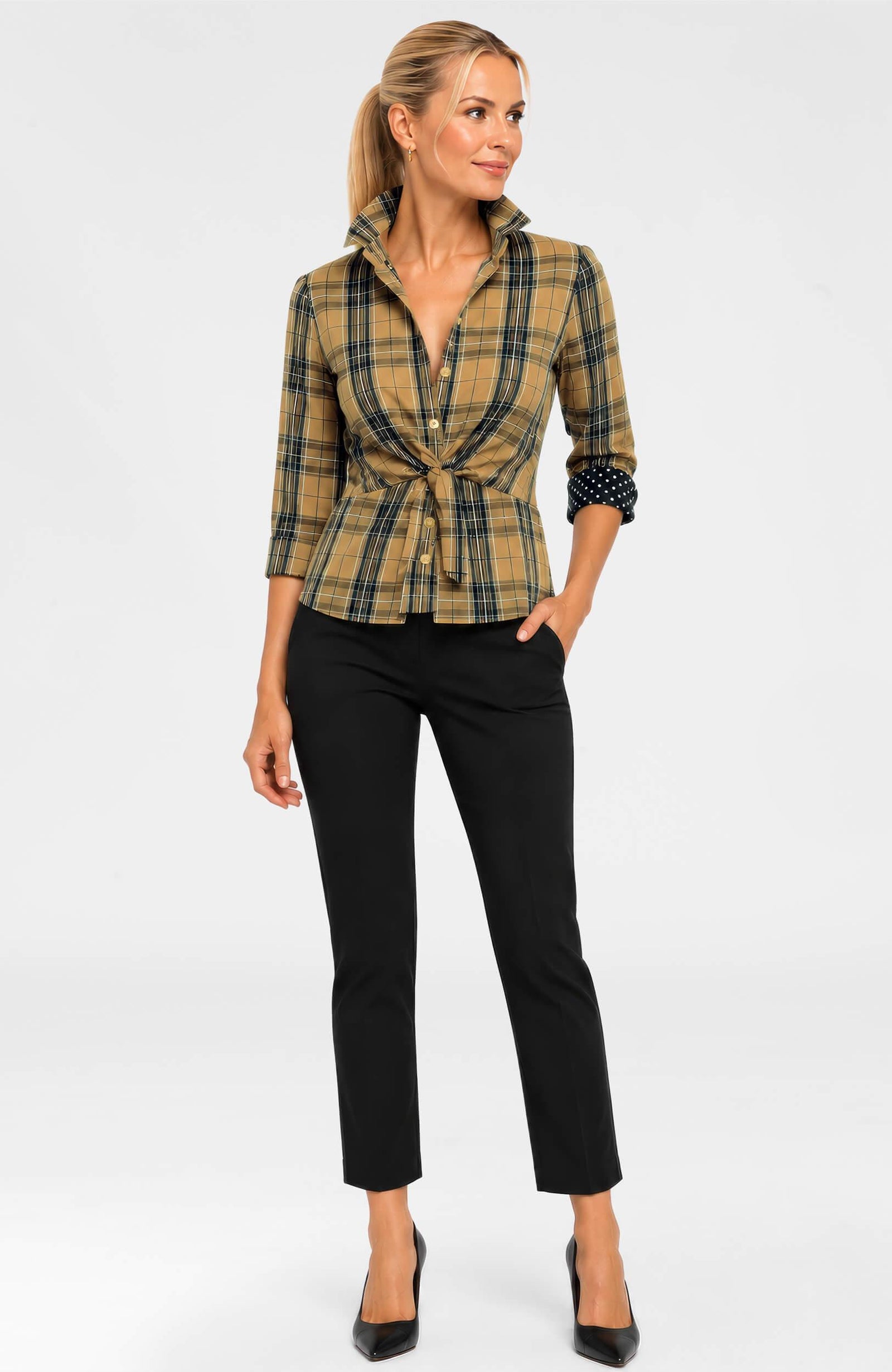 TPTSBG-KHK-1 - Twist & Shout Top - Belgravia Plaid - Clothing - Gretchen Scott