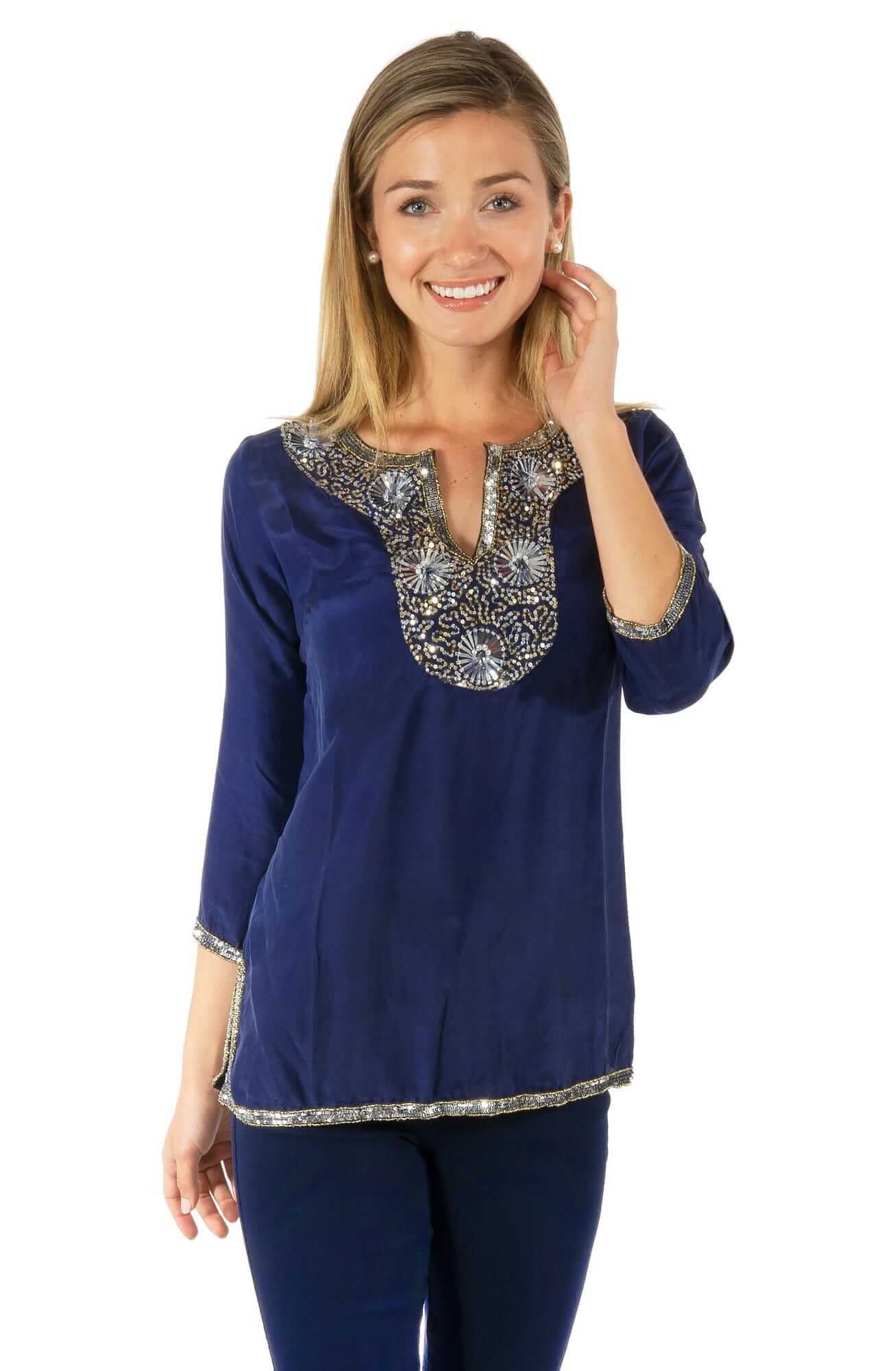 Silk Beaded Tunic - Starry Night - Final Sale Navy Silver