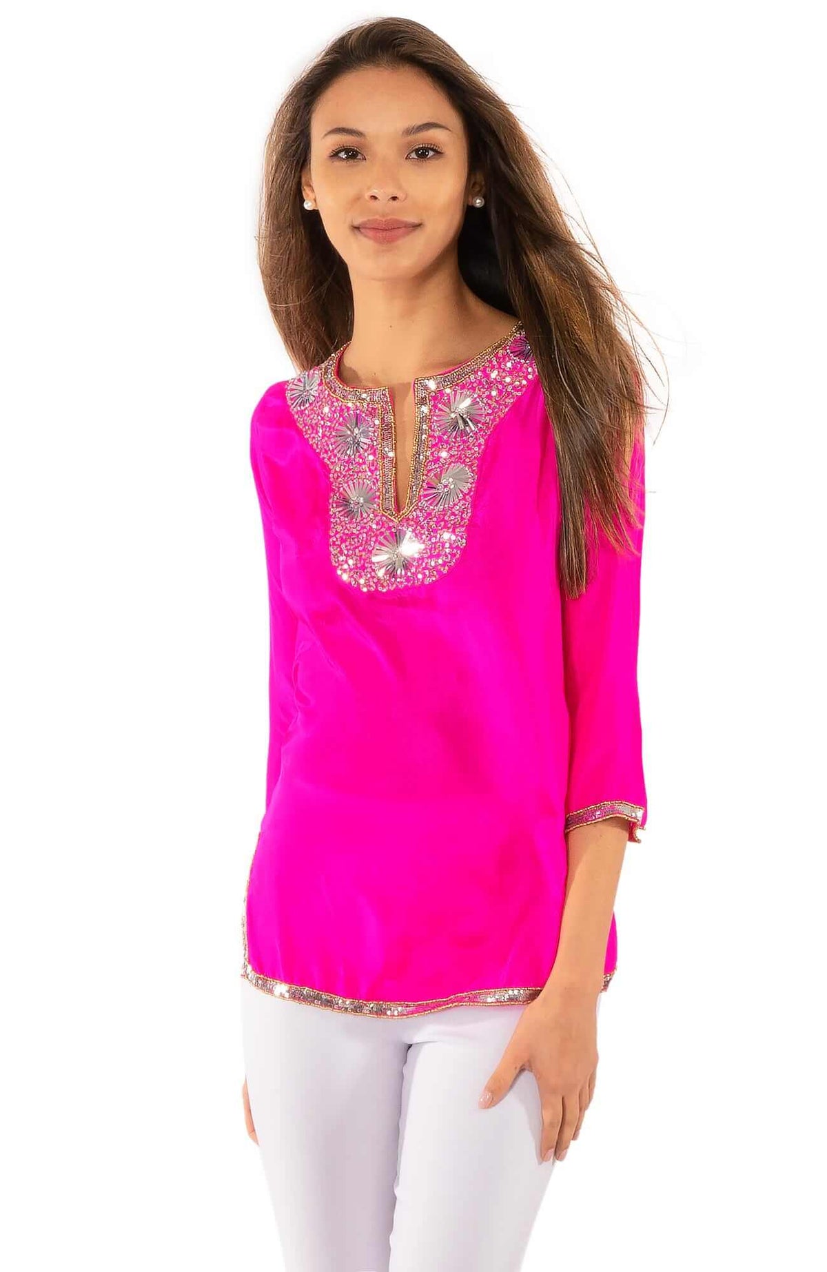 Silk Beaded Tunic - Starry Night - Final Sale Pink